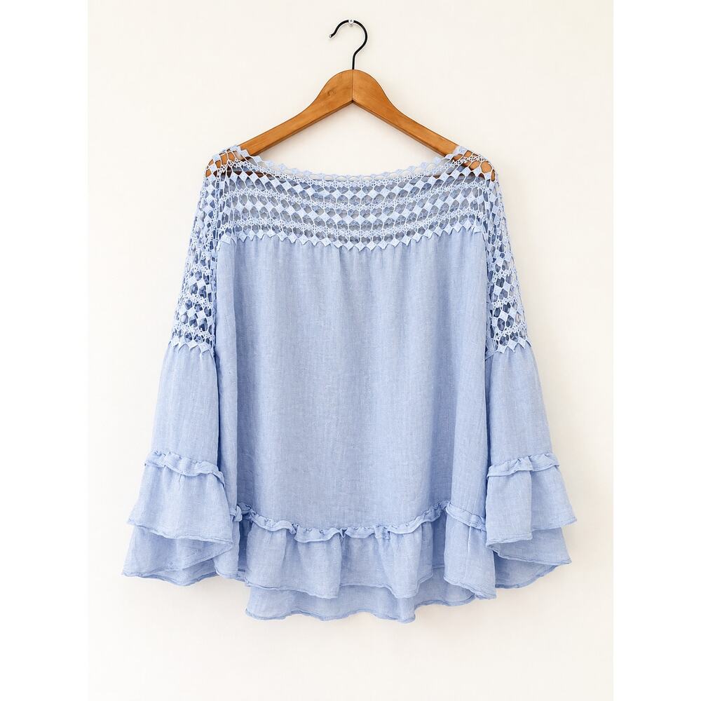 Zac & Rachel Blue Crochet Boho Blouse Size M Bell Sleeve Ruffle Top Cottagecore - Picture 6 of 6